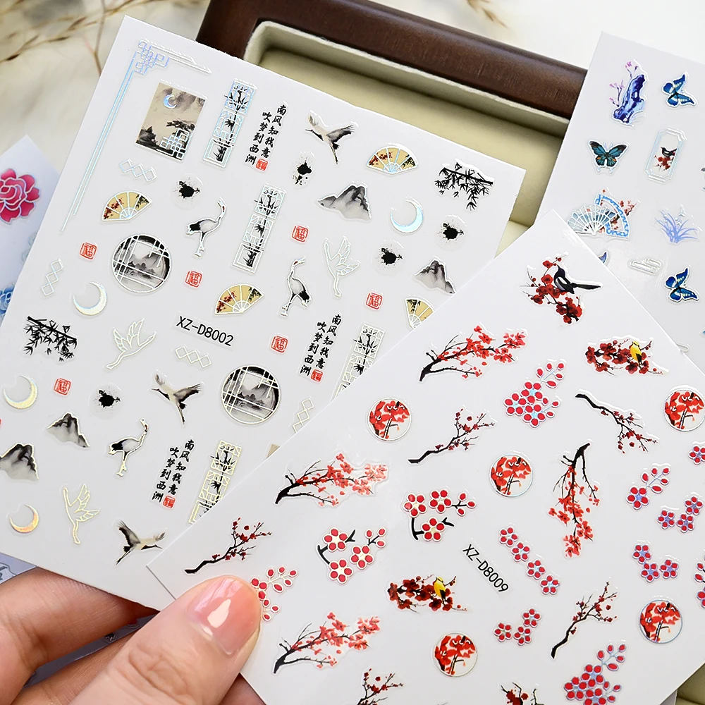 1 시트 3D 중국 스타일 대나무 제비 네일 아트 스티커 붉은 매화 모란 꽃 네일 데칼 자체 접착 슬라이더 스티커