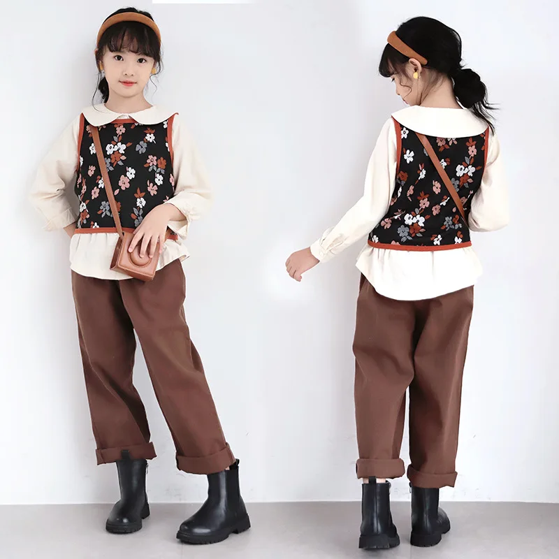 2024 Korean Spring Autumn Junior Girl 3-Piece Sets School Girl Doll Collar Tops+Flower Printed Vest+Straight Pants Set For Girls