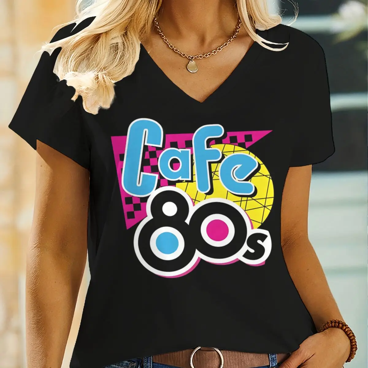 Vintage Cafe 80s V Neck Tshirts Women Men Retro 80s Party Y2K Tops Short Sleeve Disco Streetwear Male Female T-shirts Gifts