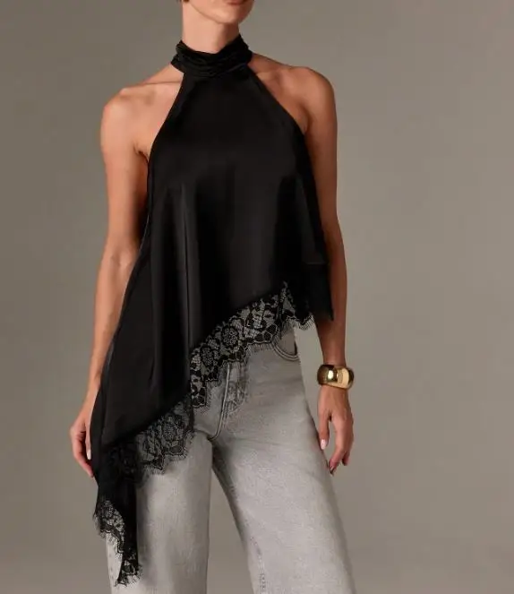 

Summer Satin Patchwork Lace Vest Hanging Neck Sleeveless Small Stand Up Collar New Off Shoulder Irregular Top for Women