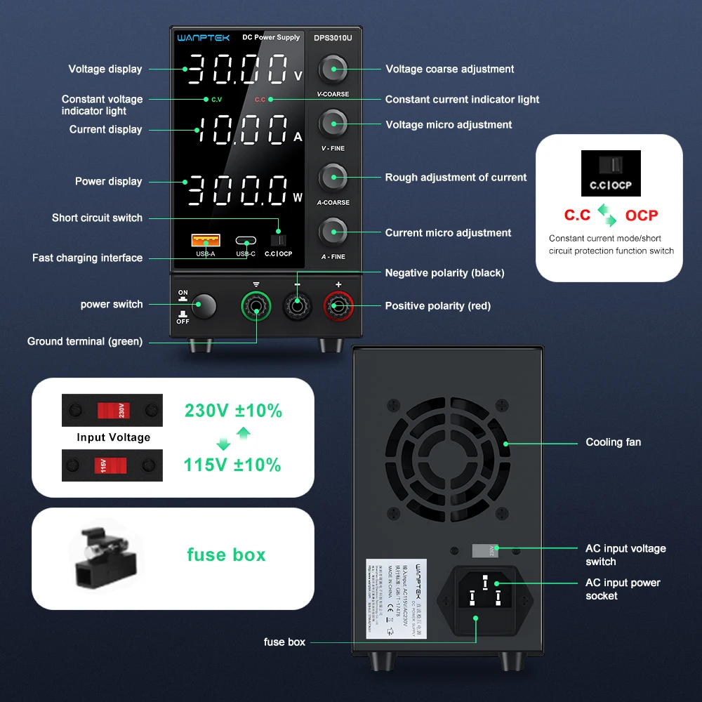 Wanptek Zasilacz laboratoryjny DC Regulowany 30V 10A 60V 5A 120V 3A z zasilaczem stołowym USB do szybkiego ładowania