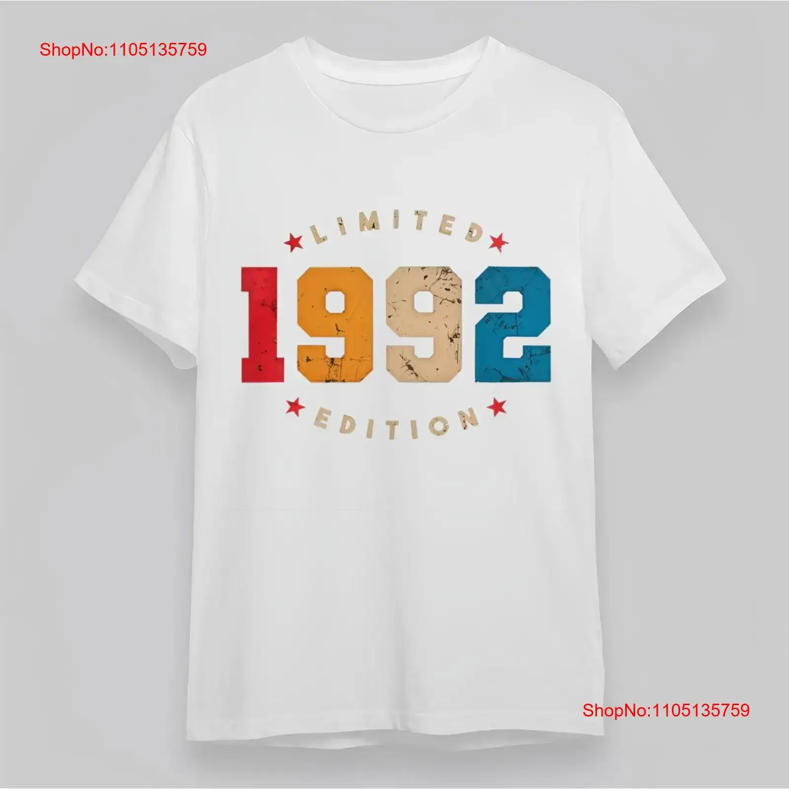 تي شيرت نسائي كلاسيكي عتيق 1992 تصميم رقمي متعدد الألوان مع جرافيك ذهبي محدود عتيق مغسول كاجوال أنيق قليلاً