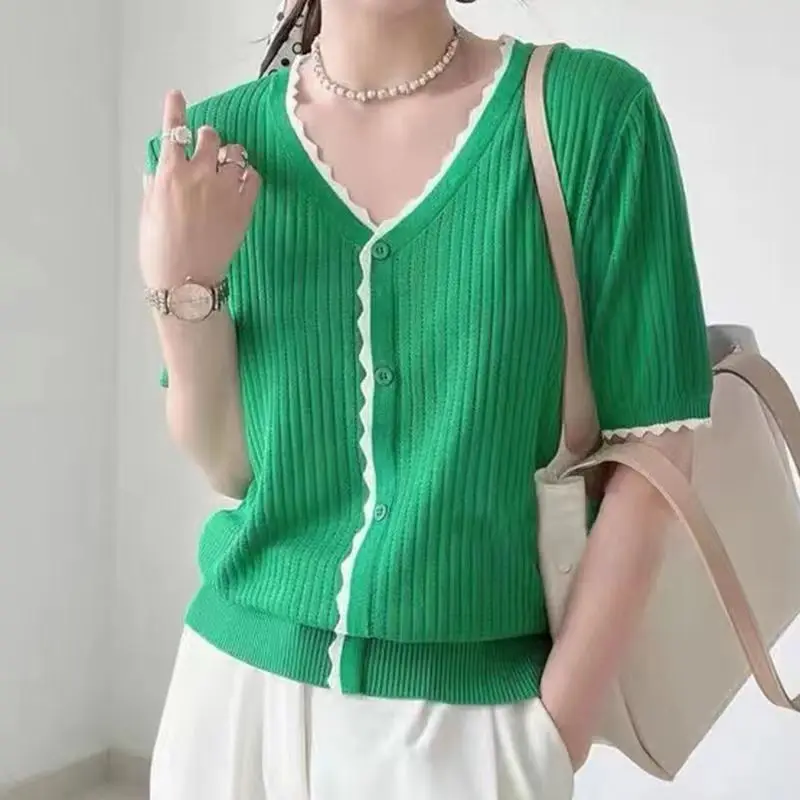 

2023 Summer New Ice Silk Short Sleeve Women's V-Neck Pullover Knitwear Loose and Slim Versatile Fashion T-shirt Top Fashion