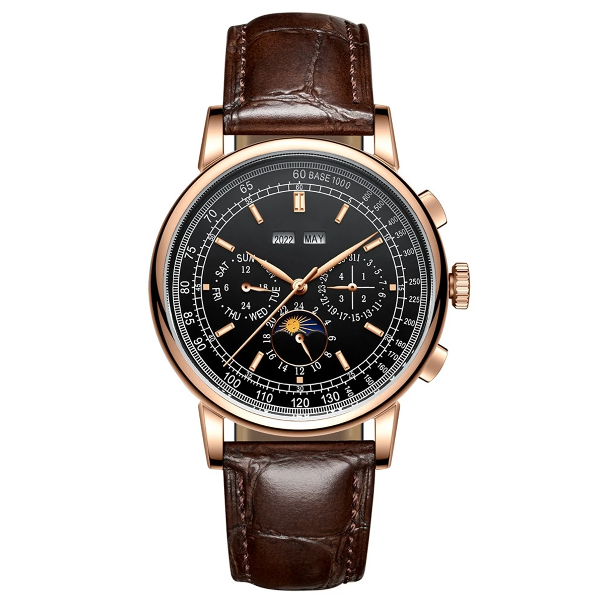 42MM Men's Watch ST1655 Auto Movement Custom Logo Year Date Multifunctional Indicator Sun and Moon Leather Band Polished Silver