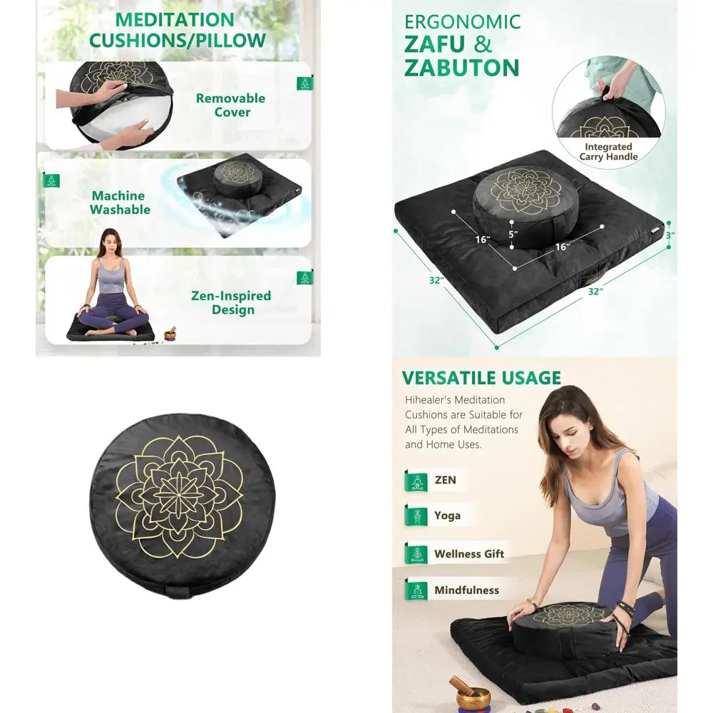 

Большая бархатная подушка для пола и традиционная тибетская подставка для йоги для взрослых, медитации с гречкой, подушкой Zafu (черный)