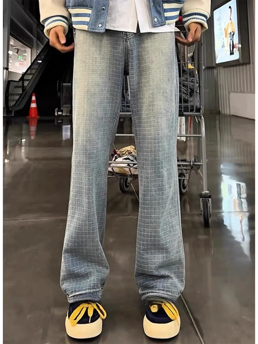 

Retro American Plaid Men's Jeans mid Waist Fce Lined Bootcut Straight Leg Winter Casual Trousers Youth Student Wear