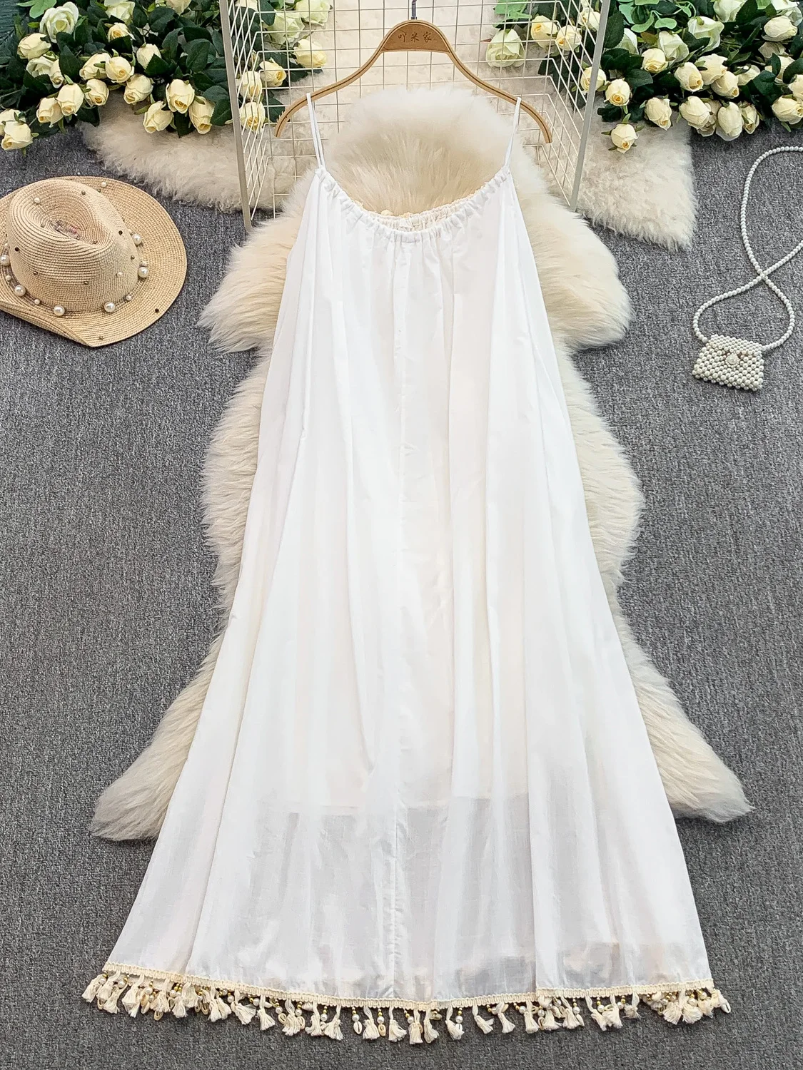 Fee witte chiffon riem Dr Weave kwastje ontwerp losse afslankende lange vakantie Sle Dr Koreaanse versie hoge taille A-lijn...