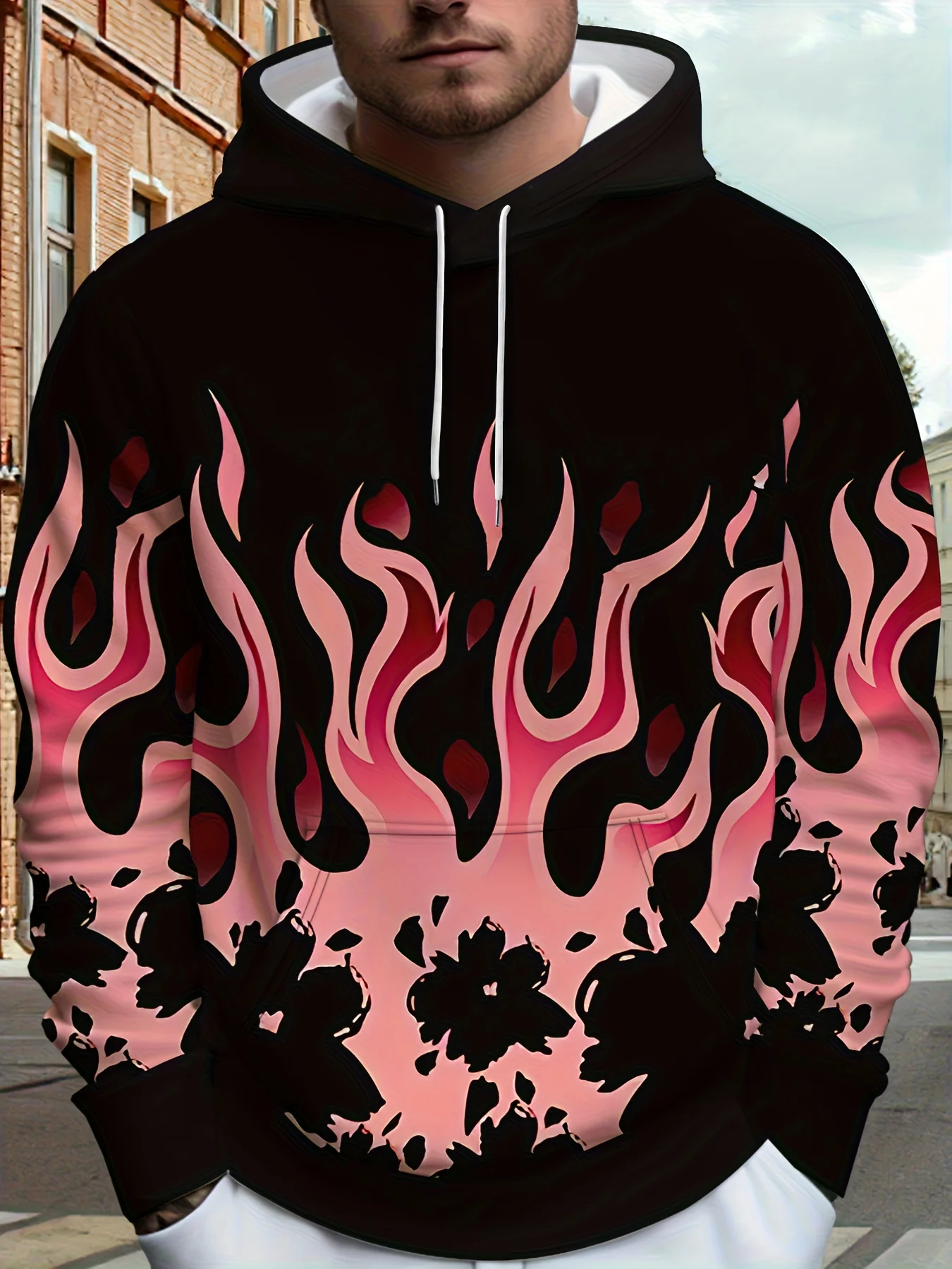 Men Black Base Pink Gradient Flame Floral Splash Print Drawstring Hoodie With Pocket