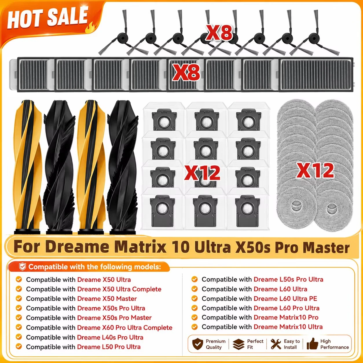 Compatible with Dreame X50 Ultra/X50 Master/X60 Pro Ultra/L50 Pro Ultra/L60 Ultra Main Side Brush Filter Dust Bag Mop Cloth