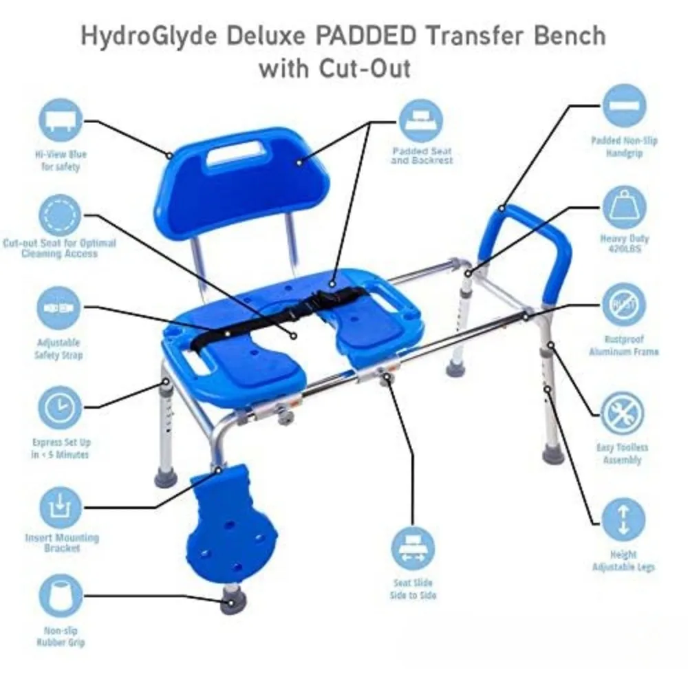 Shower Chair, Tub Sliding Bench, Padded, Seat with Opening for Tub, Adjustable Legs and Safety Belt, Sliding Shower Chair