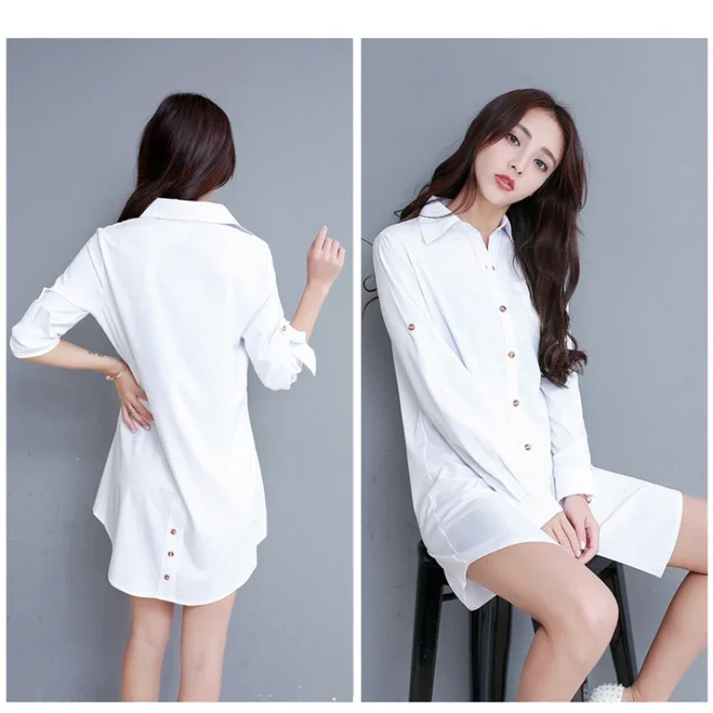 Vintage Women\'s Shirt BF Sexy White Shirt Women Korean Style Elegant Blouses Chic Woman Tops Clothes New Loose Mid-length Shirt