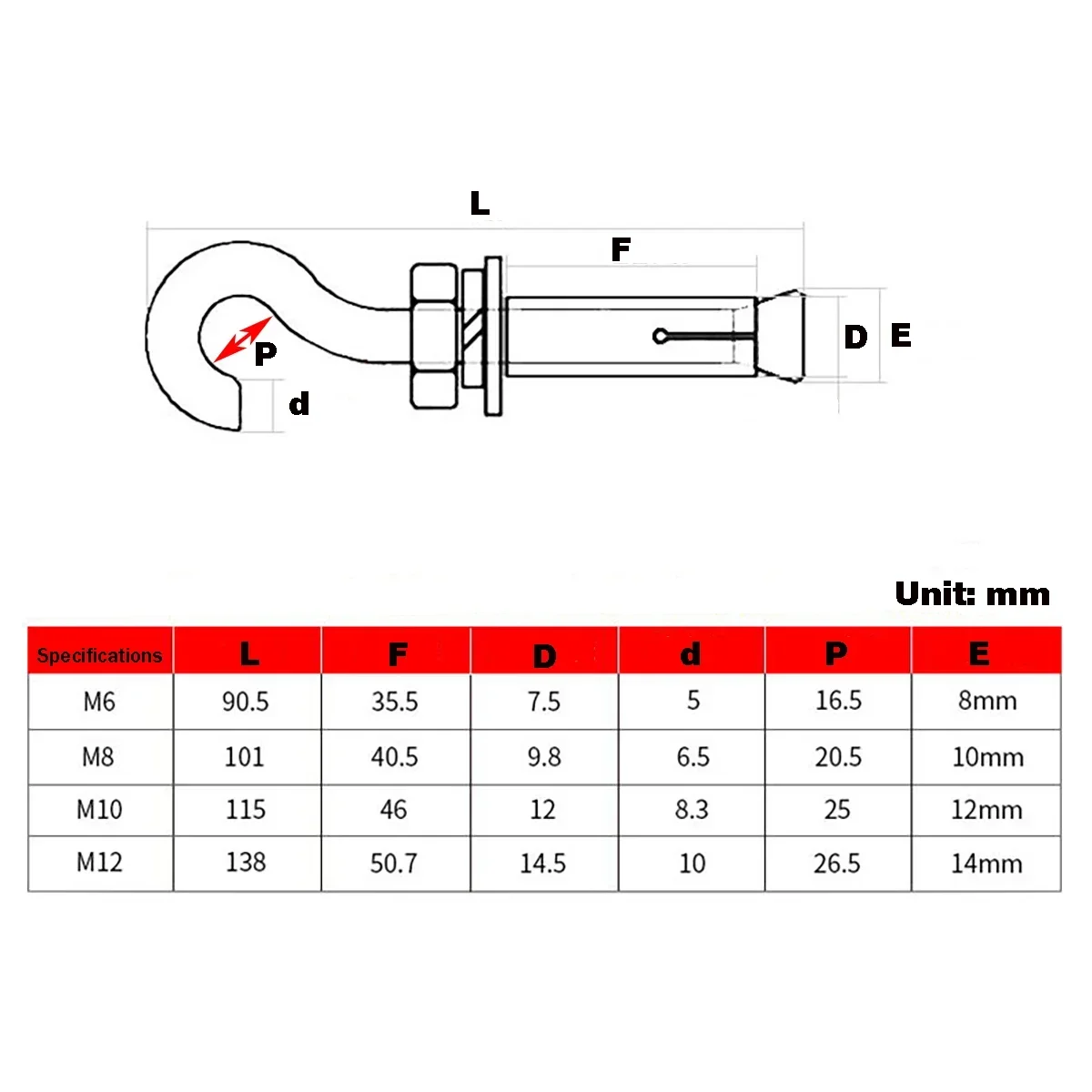 

Color Galvanized Expansion Screw Hook, Load-Bearing Hook Expansion Bolt M6 M8 M10 M12