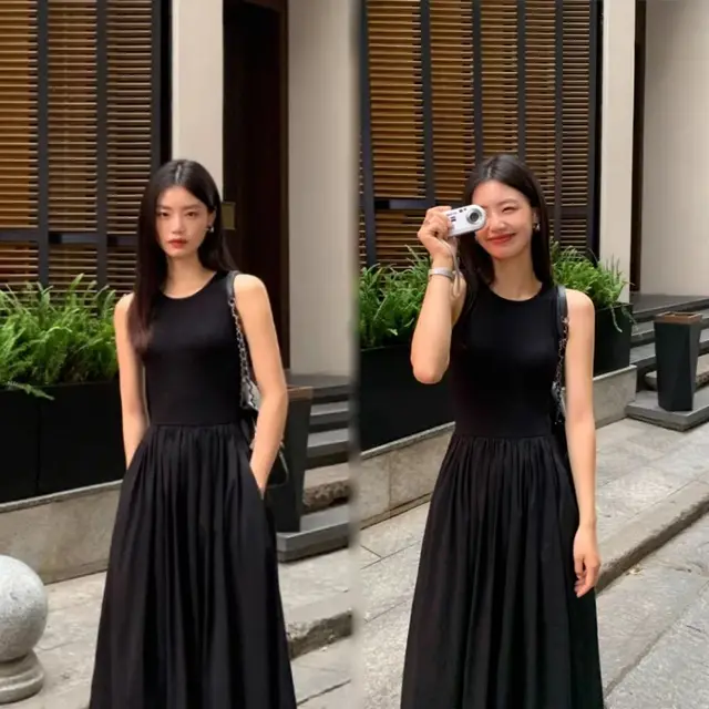 New Vintage Holiday Style Black Midi Dress Dresses for Women Clothing O Neck Office Lady Casual Pockets Women's Clothing