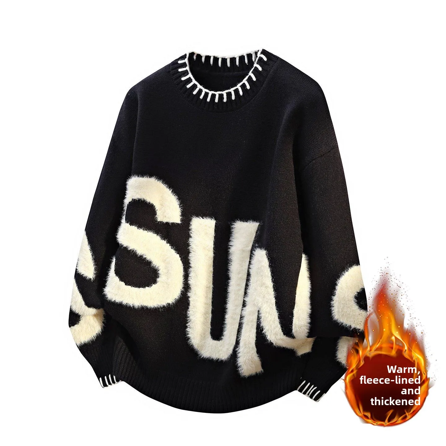 

Мужской вязаный свитер Thiened Fce: свободный крой, круглый вырез, теплый зимний топ из полиэстера, нейлона и акрила, средней плотности вязки