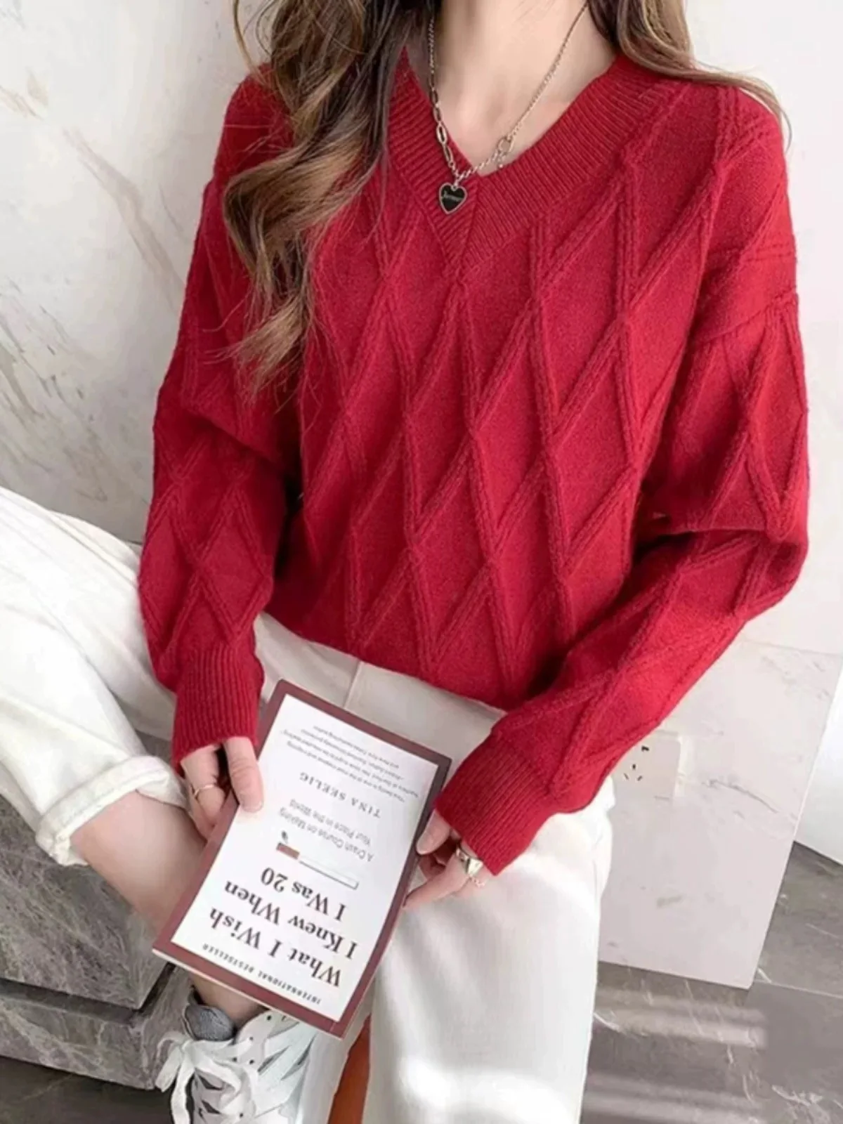 

Свободный красный вязаный свитер W750 для женщин, осень-зима, новый Sle V-Ne Long Sve, теплый теплый модный свитер для поездок на работу