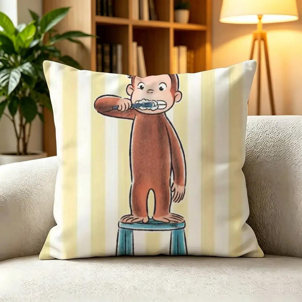 C-Curious George Cute Monkey Kids Graphic  Pillow Case Square Double-Sided Sofa Cushion Cover Bedroom Bedside Pillow