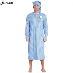 Mens Striped Sleep Shirt Striped Big&Tall Long Sleeve Nightshirt with Sleeping Cap Sets Henley Shirt Pajama Robes Nightgowns