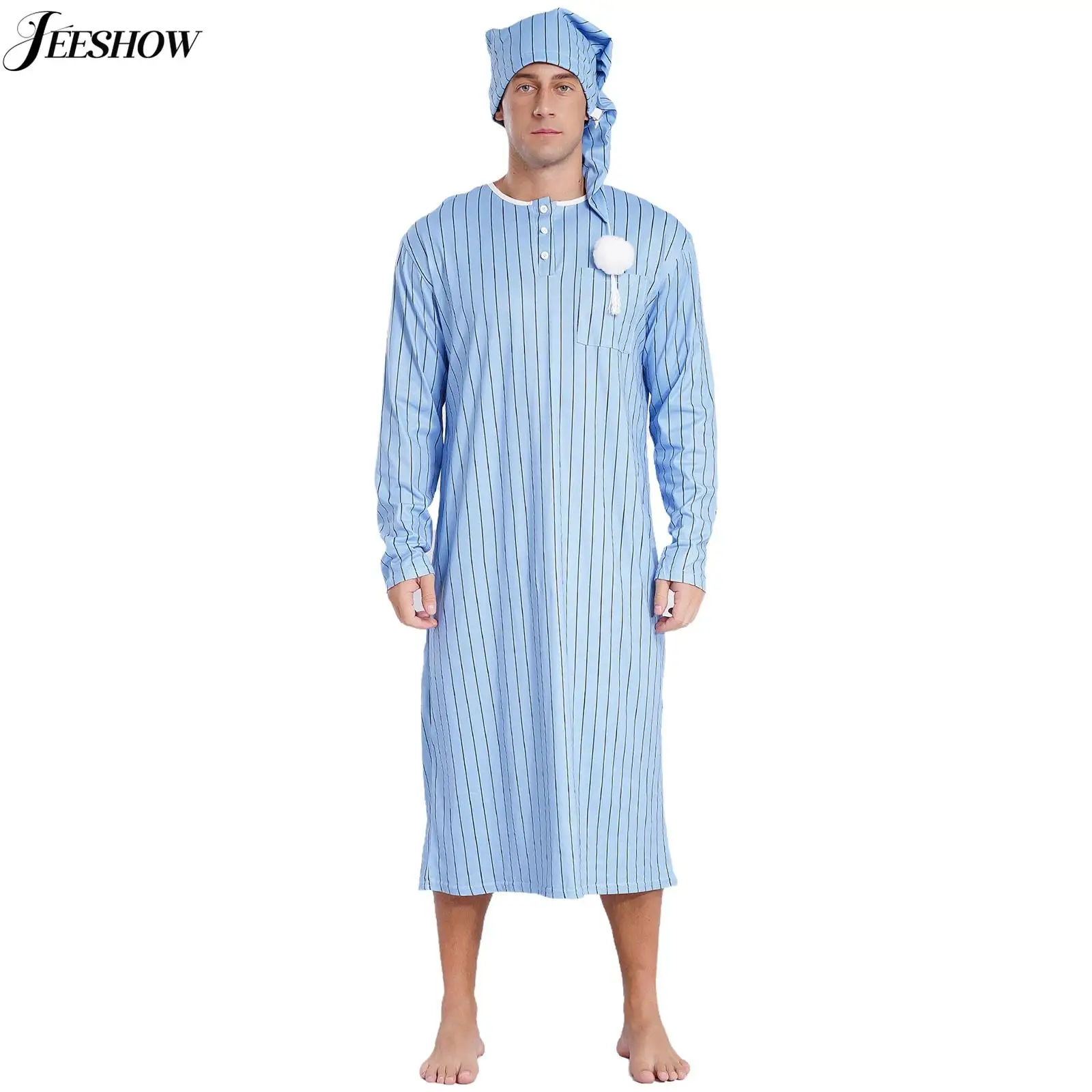 Mens Striped Sleep Shirt Striped Big&Tall Long Sleeve Nightshirt with Sleeping Cap Sets Henley Shirt Pajama Robes Nightgowns