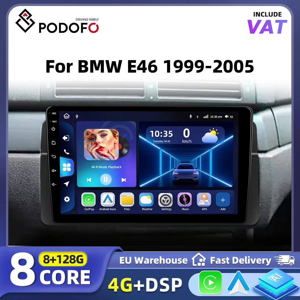 Podofo 8+128G Android 2din Autoradio für BMW E46 1999 2000-2005 Carplay Autoradio Android Auto 4G GPS Navigation WiFi Bluetooth