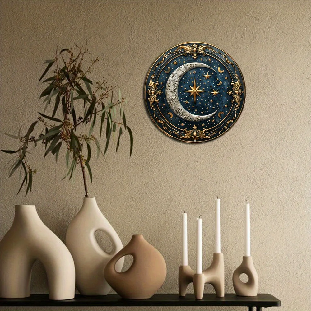 Stars and Moon Themed Wreath Sign, Round Aluminum Metal Decor Sign, for Home, Cafe, Apartmen, Living Room Wall Decoration