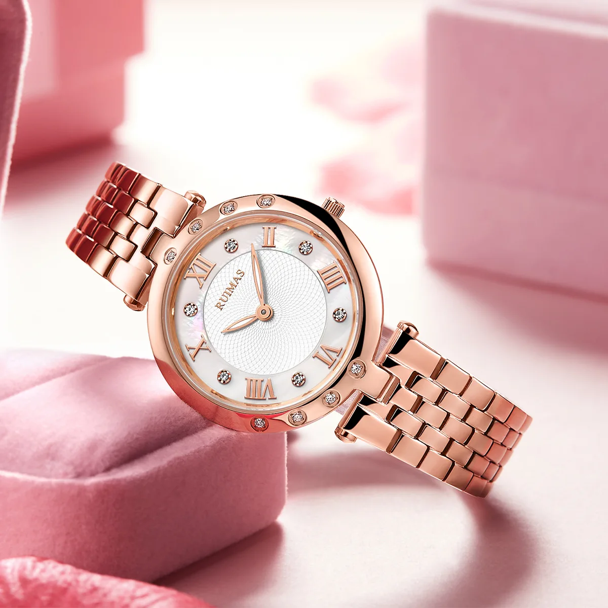 RUIMAS 6749 Women Quartz Watch Elegant Leisure Diamond Rose Gold Stainless Steel Strap Analog Display Wristwatch for Ladies Gift