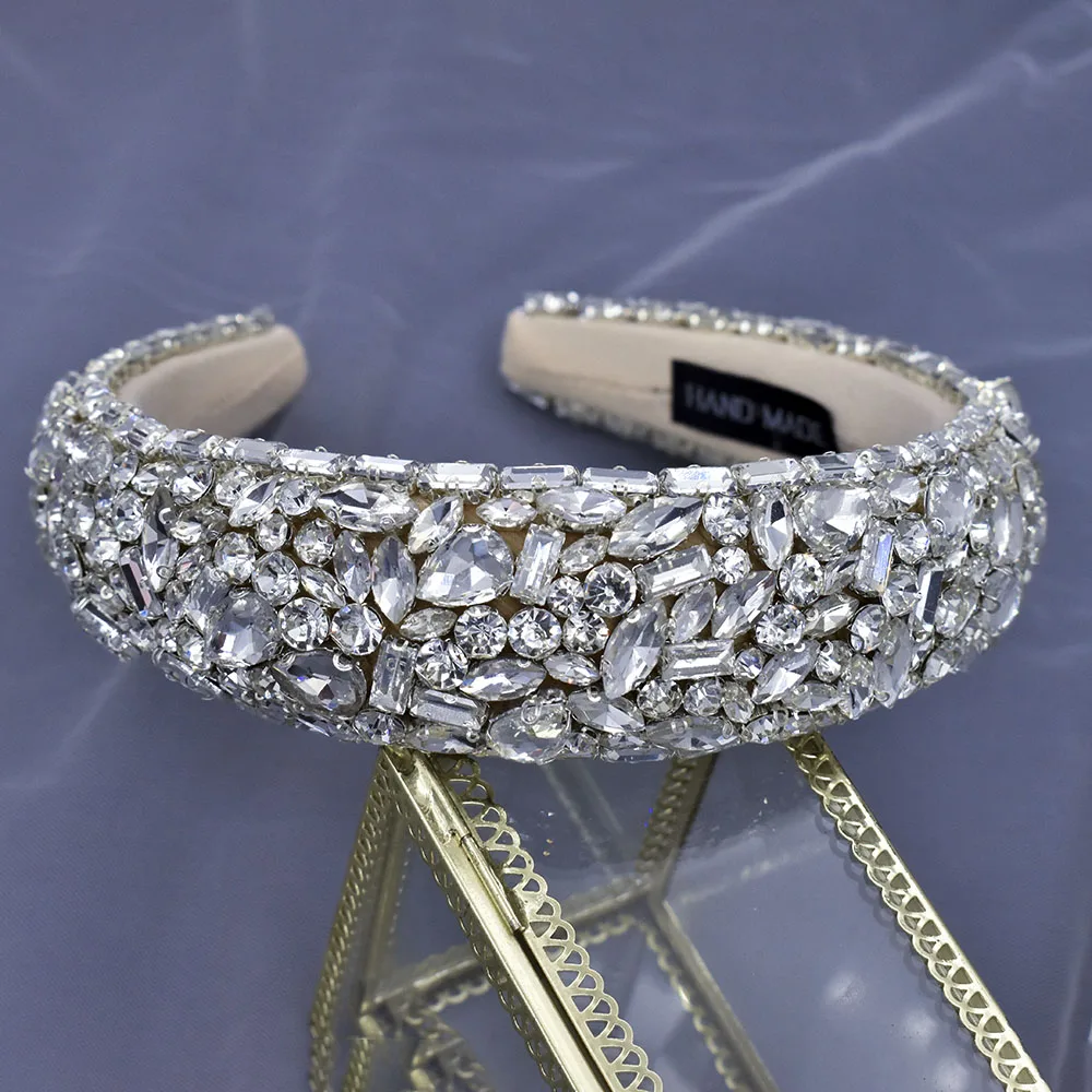 A452 Silver Wedding Hair Accessories Handmade Bridal Headwear Crystal Bridal Head Hoop Shiny Baroque Headband Pageant Crown