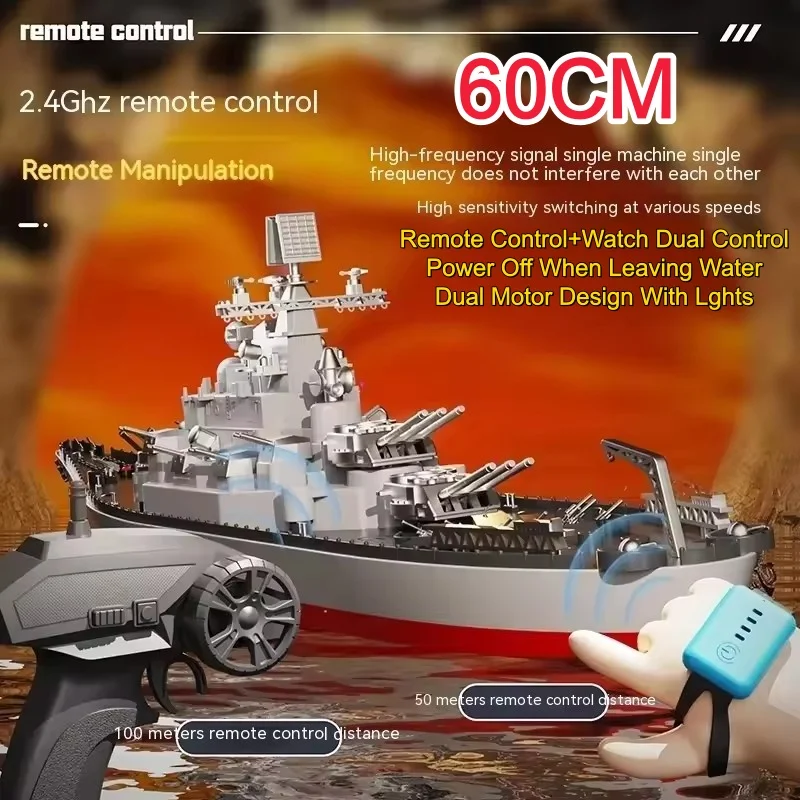 60CM Dual Afstandsbediening Model Slagschip Simulatie 1:390 RC Boot Vliegtuigen Horloge Sensor Met Verlichting Speelgoed Oorlogsschip Model