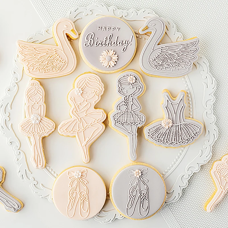 Ballet Girl Swan Fondant Cake Cookie Press Stamp Embosser Cutter Acrylic Happy Birthday Fondant Sugar Craft Cake DecorationTool