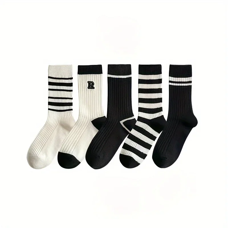 Womens Black White Striped Socks Simple Letter Embroidery Breathable Stackable Ankle Socks For Students Casual Outfit Essential