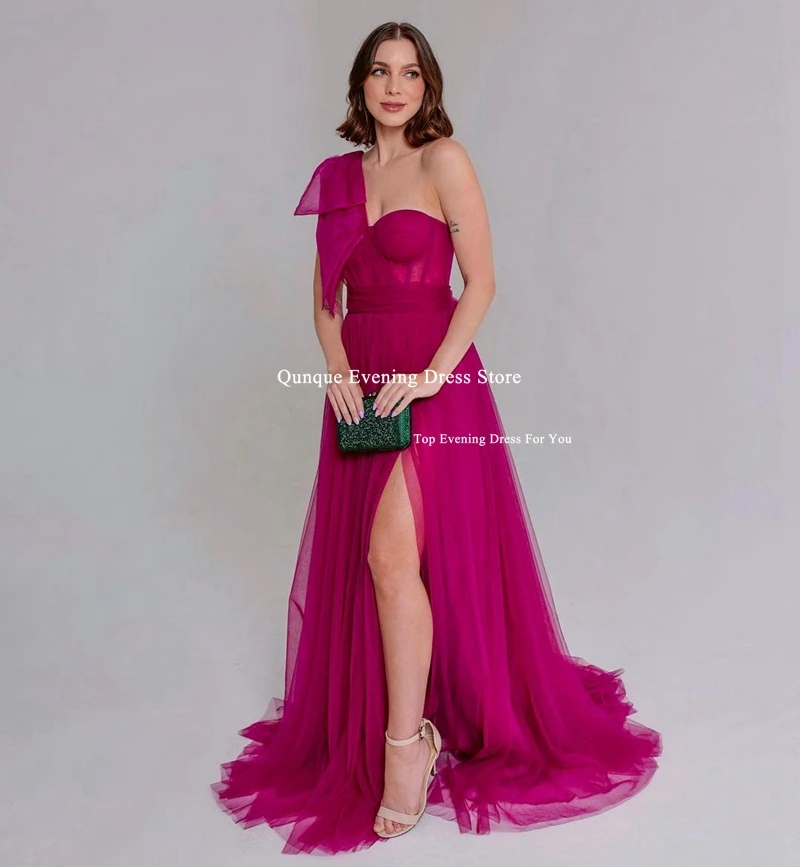 Qunque Fuchsia Tulle Evening Dresses Vestidos De Fiesta One Shoulder Customized Slit Prom Dress A Line Bow Back Robes De Soirée