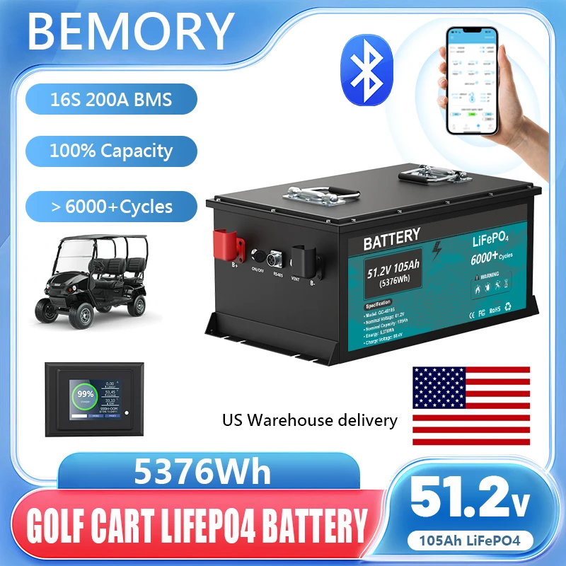 LiFePO4 Battery 48V 105Ah 5.3KW Bluetooth 16S 100A BMS 51.2V 105Ah 5KW 6000+Cycles LED Display Grade A Cells- Fast delivery