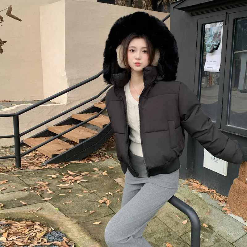 PinkyIsBlack New Fur Collar Hooded Down Padded Jacket Women's Winter Warmth Thickened Slim Short Cotton Padded Clothes Outwear