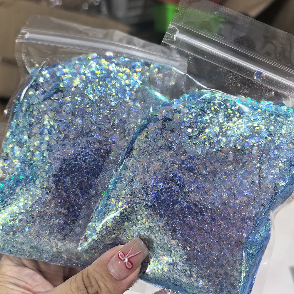 

50g Blue Gold Hexagon Sequin Holographic Chunky Nail Glitter Powder Flakes for Nail Tips Mermaid Flakes Glitter Nail Decorations