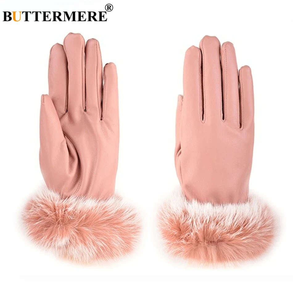 الوردي النساء قفازات فو الجلود أرنب الفراء قفازات السيدات القيادة الأسود شاشة تعمل باللمس المرجان المخملية الشتاء الصوف الدافئة القفاز الإناث