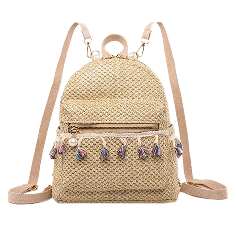 

Ethnic Wind-Woven Tassel Shoulder Bag Casual Woven Bag Fashion Texture Women's Backpack Khaki