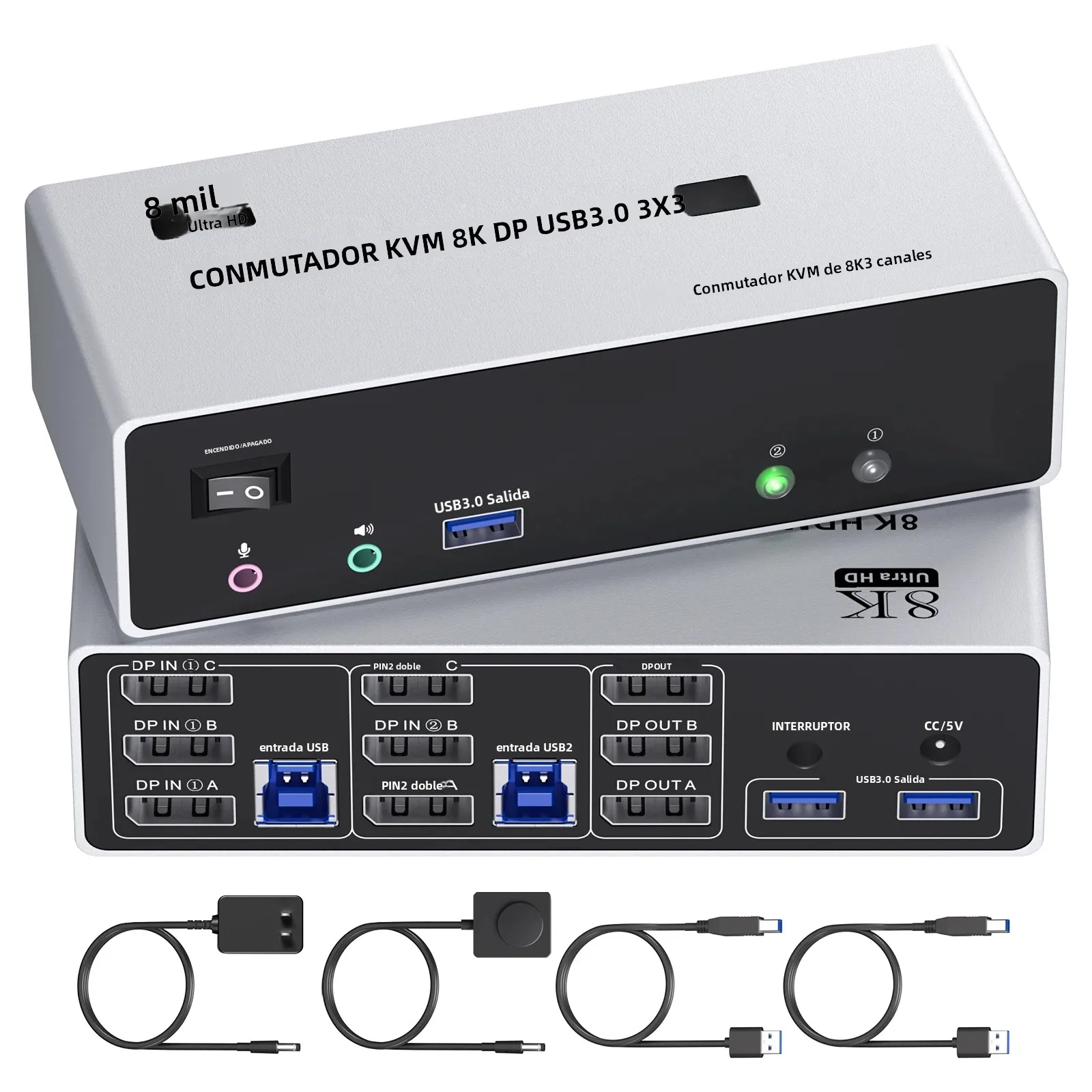 Conmutador KVM DisplayPort 8K a 60Hz para 3 Monitores y 2 Computadoras, Conmutador KVM para 3 Monitores con Resolución Triple 4K a 120Hz para 2 Computadoras que Comparten 3 Monitores
