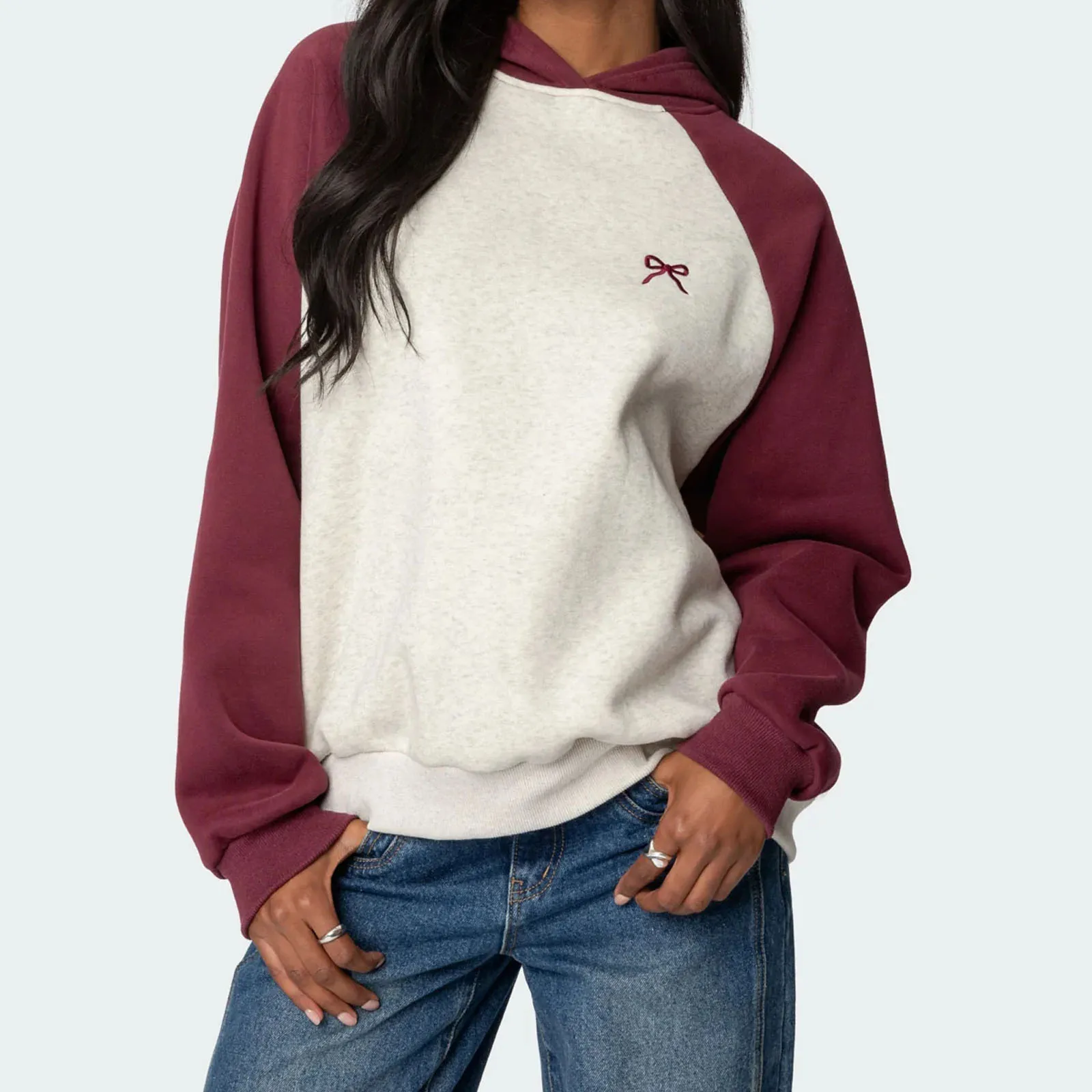 Women's Long Sleeve Contrast Color Raglan Hoodie Spring Fall Casual Hooded Sweatshirts Casual Pullover Tops Female Streetwear