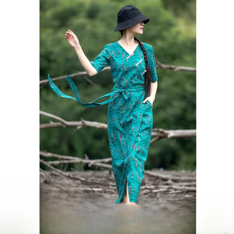 

Ele Long Cotton Linen Dr Single Piece Two Pieces Retro Sle with kets V-Ne A-Line Skirt Five Sve Summer Dr