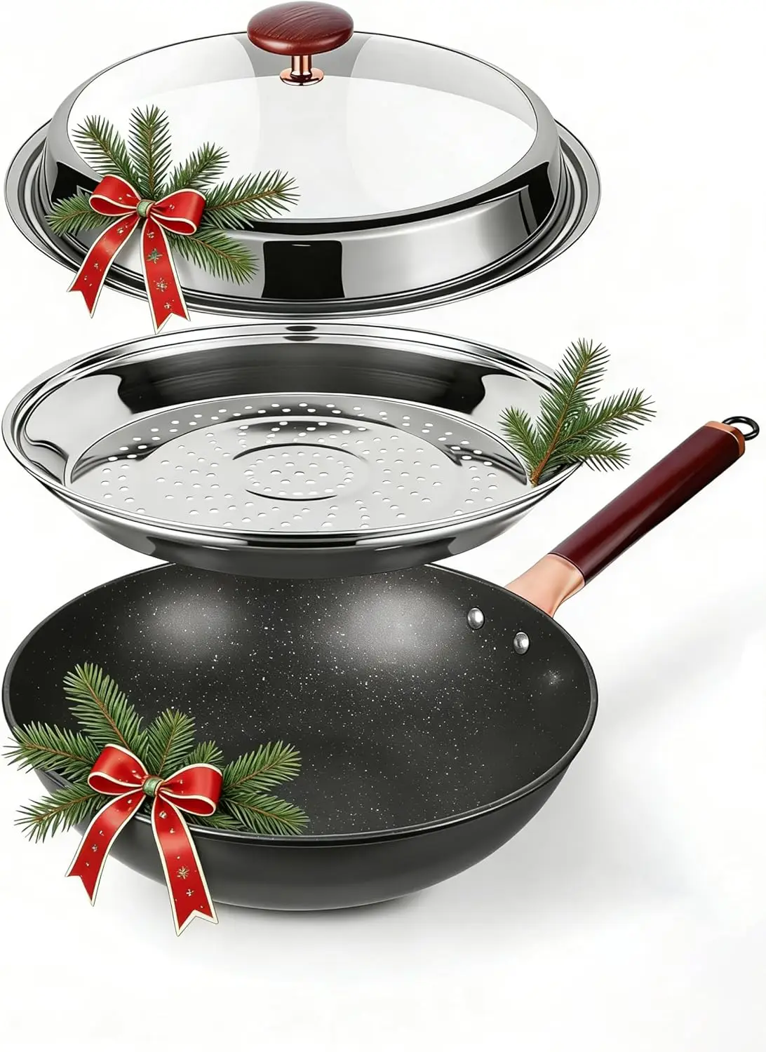 

12.5-Inch Carbon Steel Wok Pan with Lid, Nonstick Stir-Fry Pan Set, Induction Compatible, Stay-Cool Handle