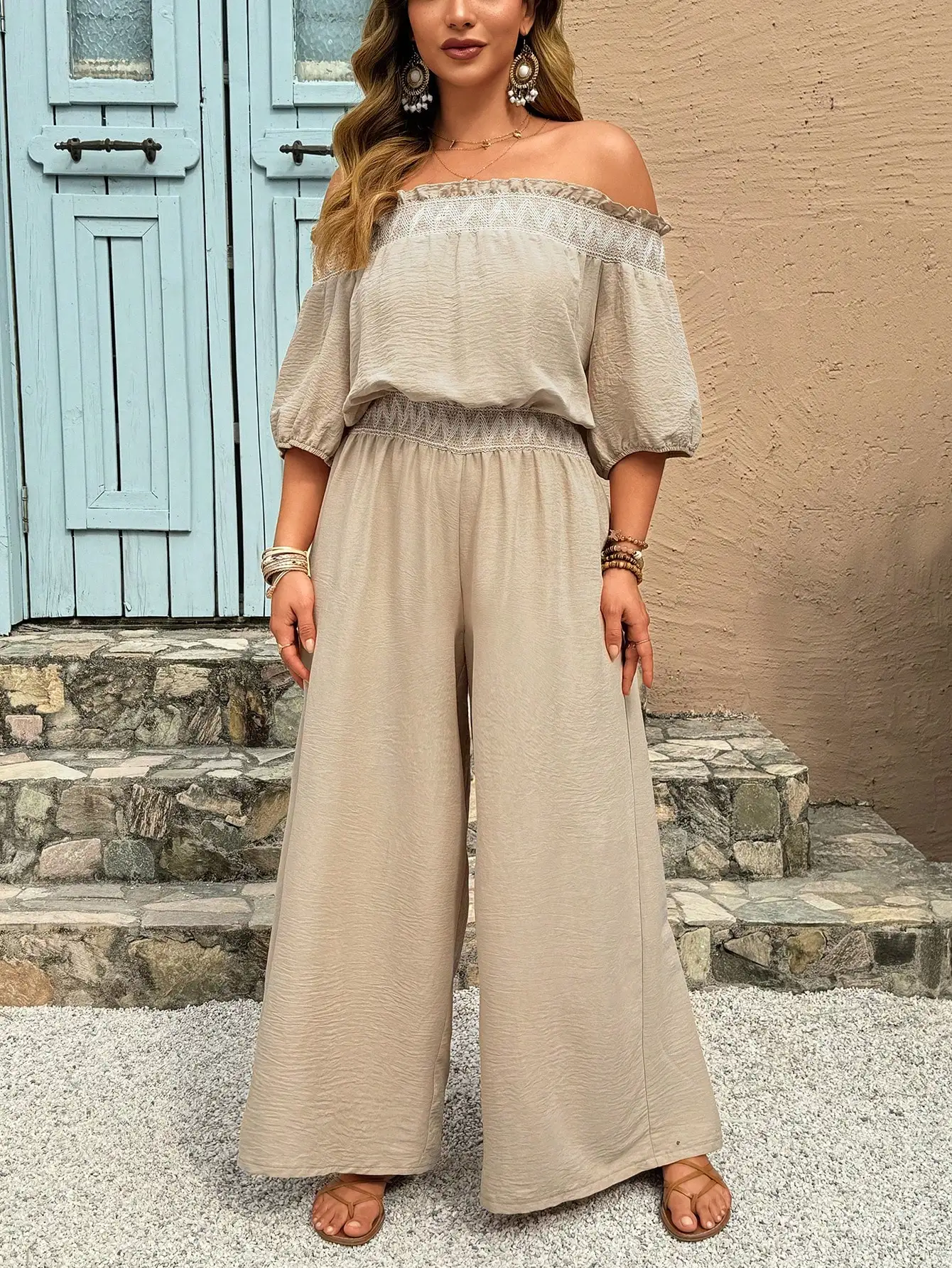 Women's Off-Shoulder Wide Leg Jumpsuit - Beige Textured Fabric with Lace Waistband for Summer & Resort Wear