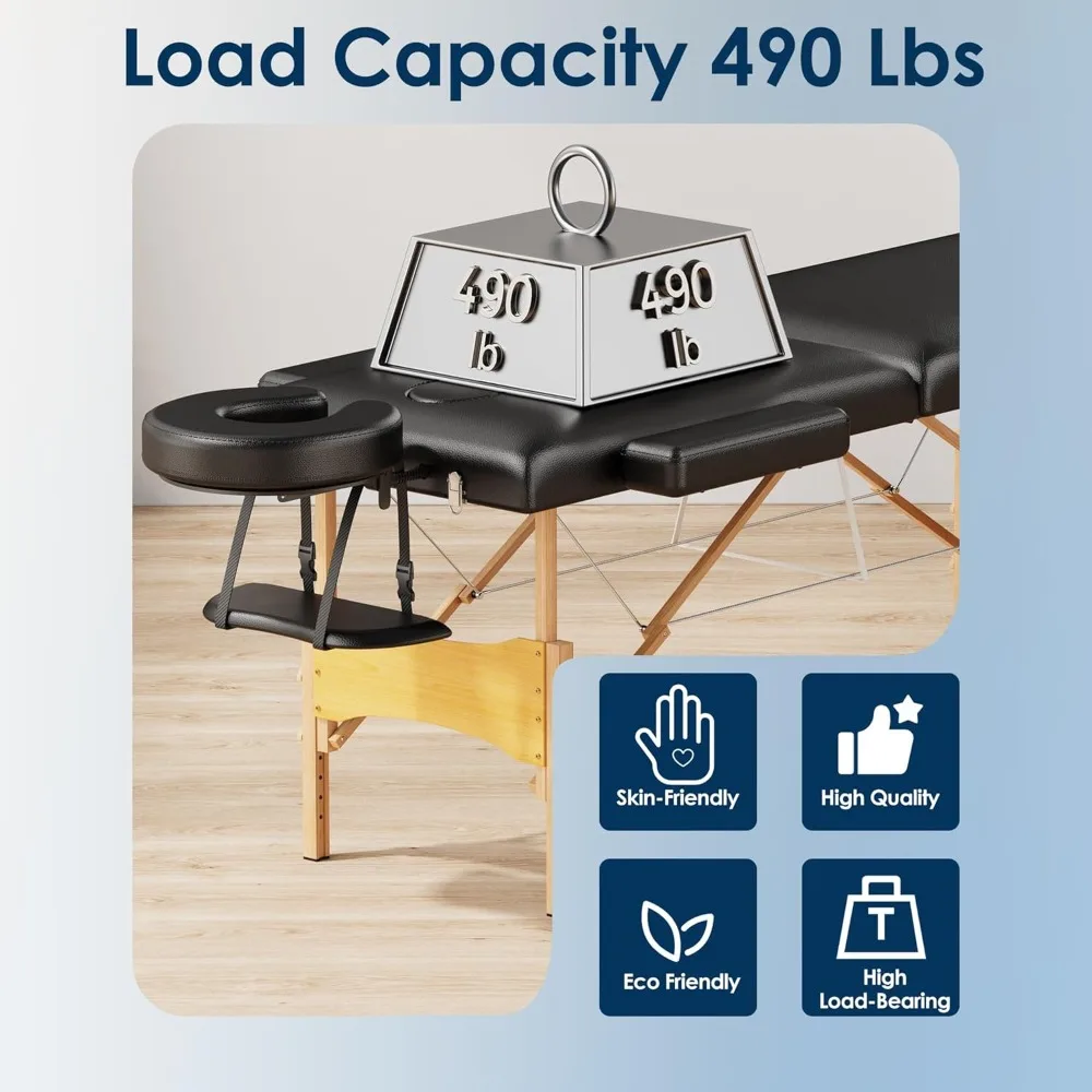 طاولة تدليك سرير خشبي محمول مقاس 24 بوصة ارتفاع قابل للتعديل وطاولة سبا قابلة للطي وسرير وشم قابل للطي (أسود) #5