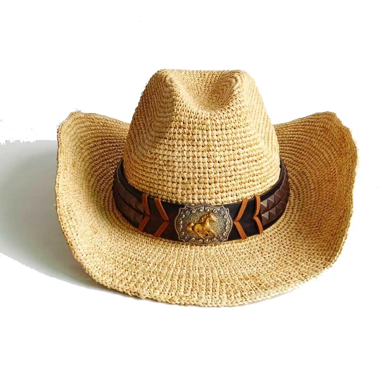 ダラスカウボーイ-ラフィアハット-編み込みクロシェ-風よけ-日よけ-バケーション-男女兼用-ビーチ-日焼け対策-ウェスタンソンブレロ-オムブレ