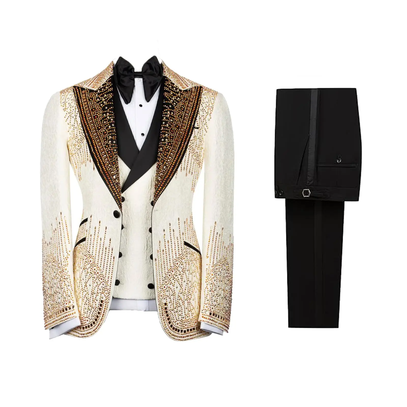 Gorgeous Banquet Men Suits Beaded Crystal Rhinestones Peaked Lapel One Button Prom Set Custom Groom Wedding Wear 3 Piece