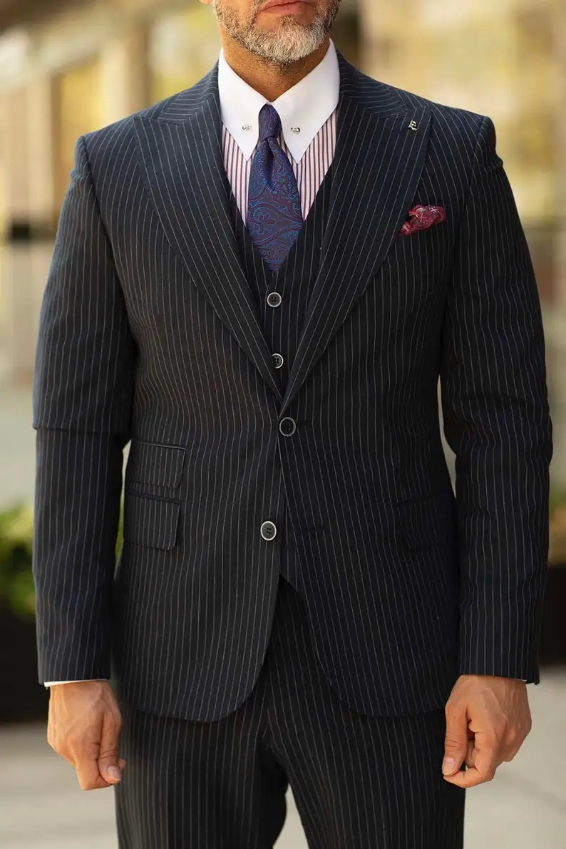 Men's 3 Pieces Stripe Suit Single Breasted Jacket and Vest for Formal Business Wedding