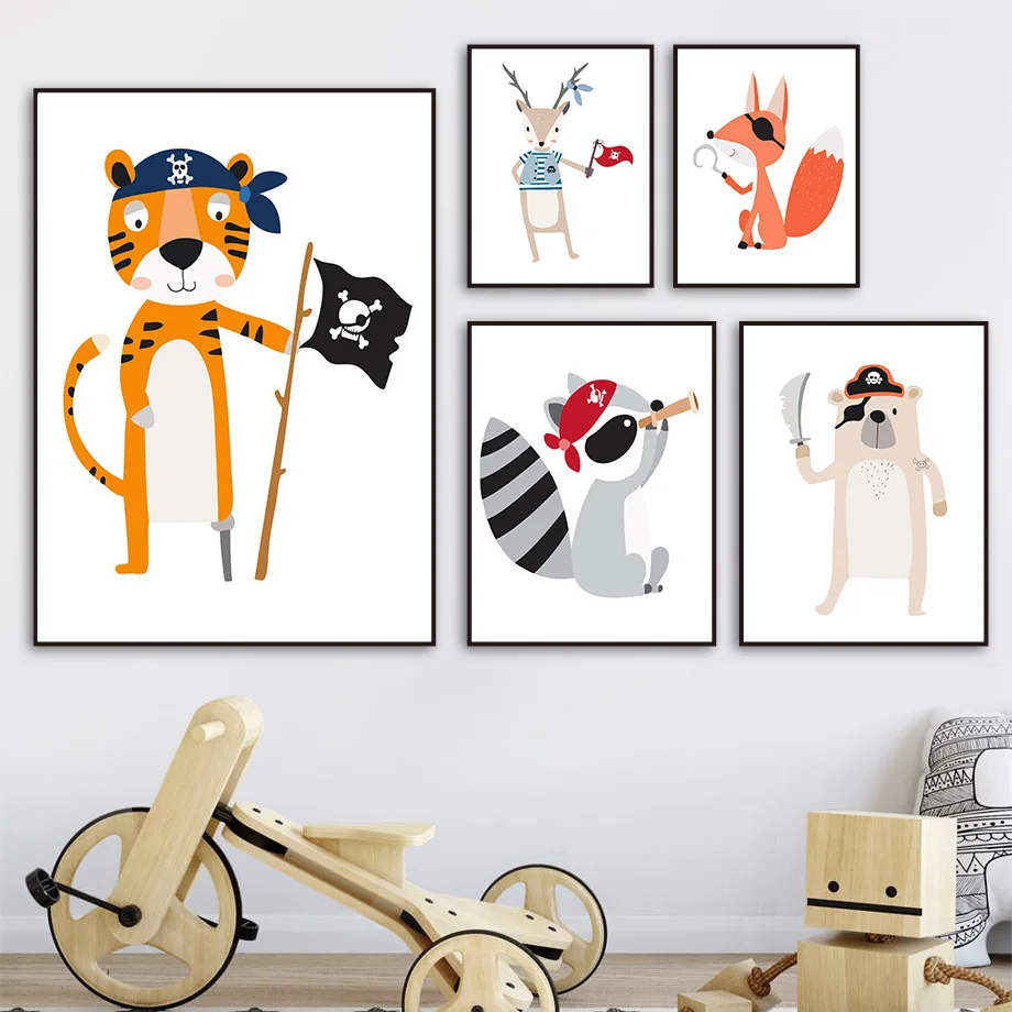 Cartoon Pirate Sailor Captain Animals Poster Nursery Wall Art Mural Prints Canvas Painting Wall Pictures Baby Kids Room Decor