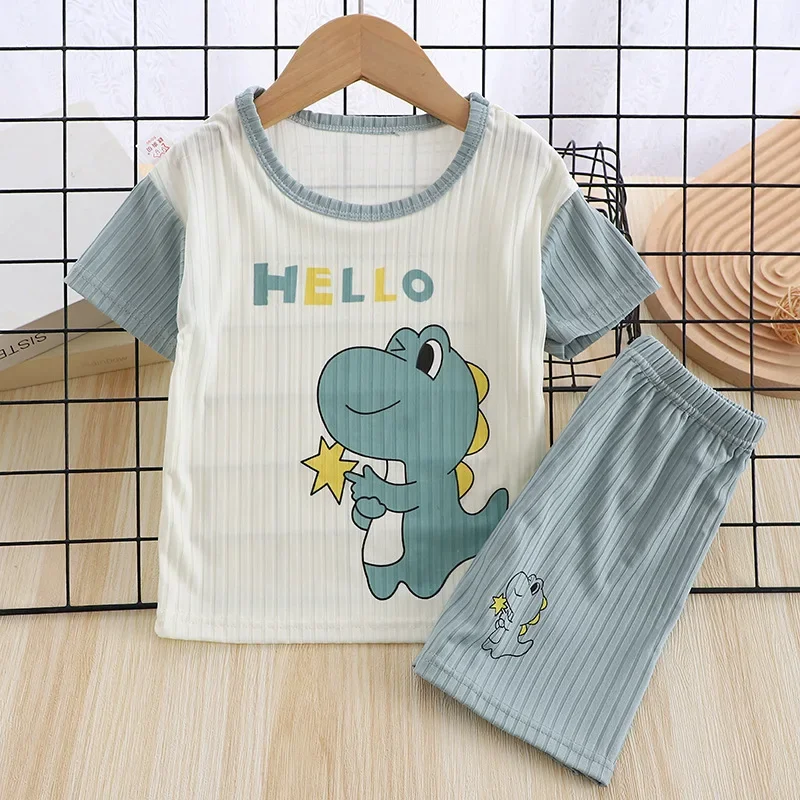 Pijamas transpirables de verano para niños y niñas, camiseta de manga corta con dibujos de dinosaurios, Tops con pantalones cortos, conjuntos de ropa para bebés pequeños, 2024