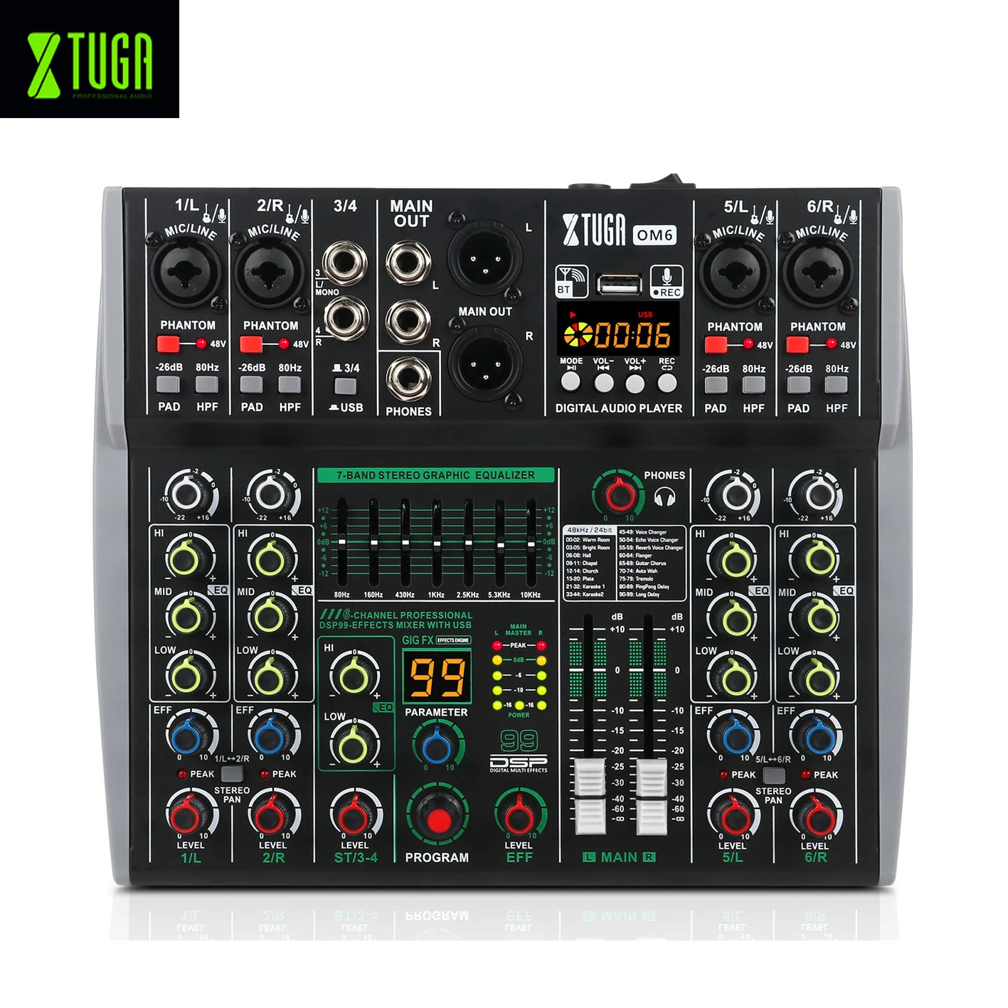 

XTUGA Professional Audio Mixer 6-Channel 99 DSP Effects Metal Mixing Console with BT USB Recording OEM Console