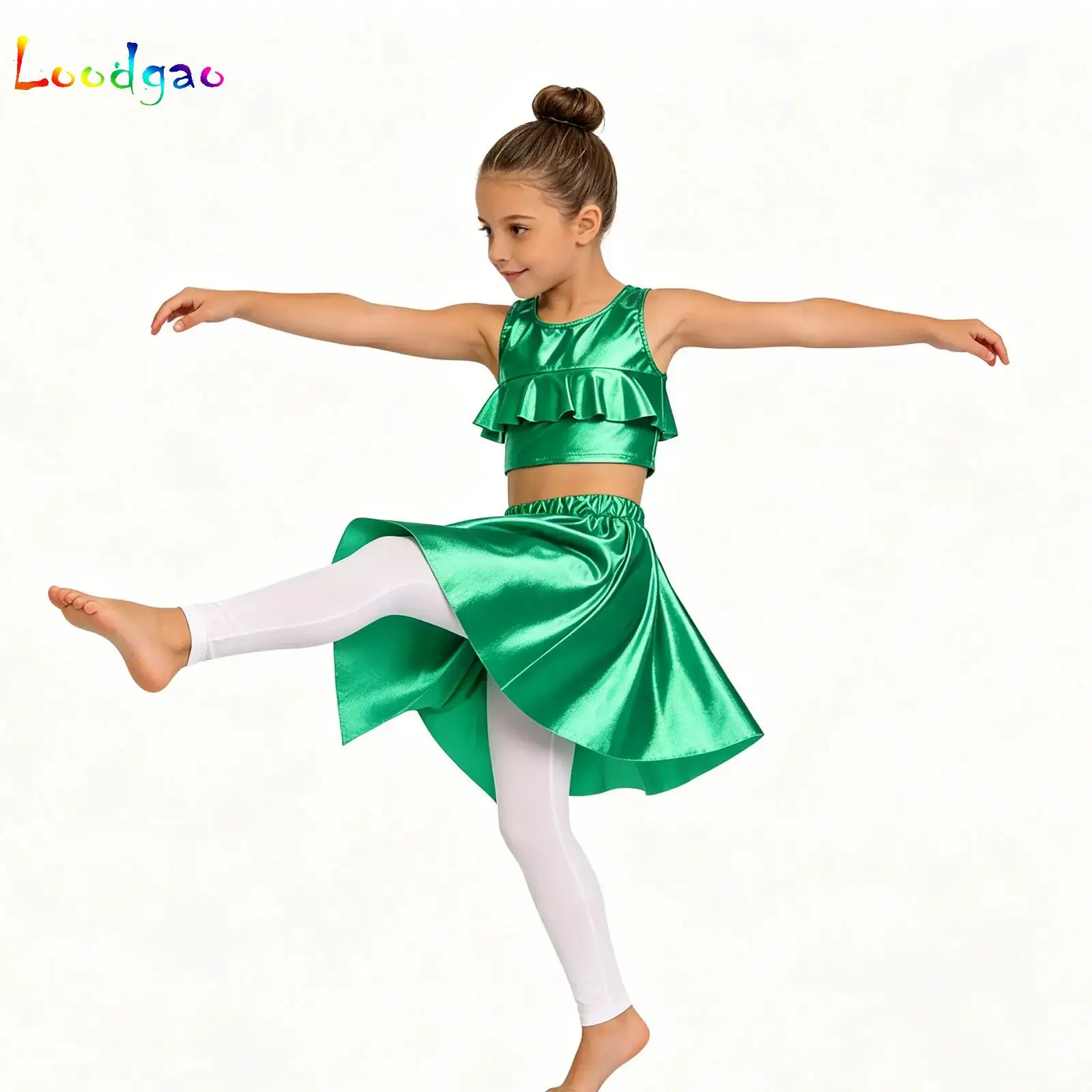 Kids Girl Metallic Hip Hop Jazz Street Dance Costume Shiny Crop Top with Pleated Skirt Outfits for Show Party Stage Performance