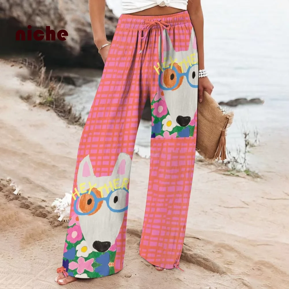 

Women's Casual Plaid Pants with Puppy Graphic Printing, Wide-Leg Pants, Cute Pink, High Quality, Y2K Style, Fashion Trend