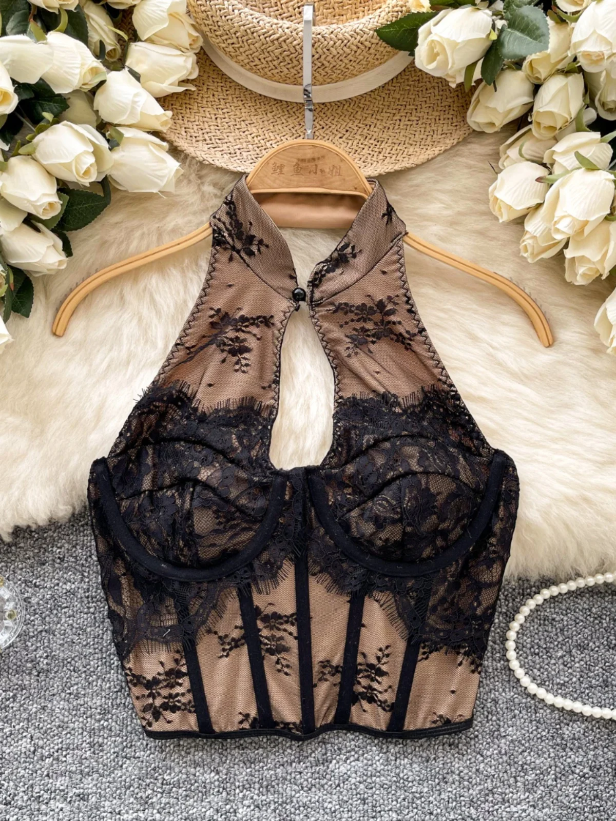 

New Chinese Retro Hot Girl Ne Hanging Tube Top Women's Me Embroidery Fibone Waist Slimming Design Base irt